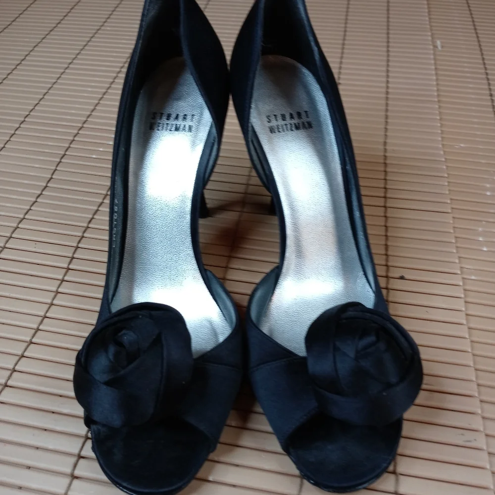 Stuart Weitzman 'Black Rose' black satin open toe_3